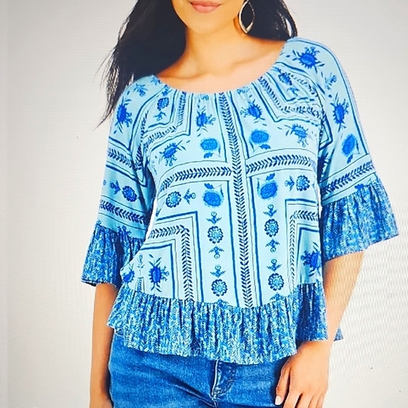 NWT Style & Co. Petite Printed Boxy Blouse with Flutter Sleeves Blue PXL - Picture 1 of 13